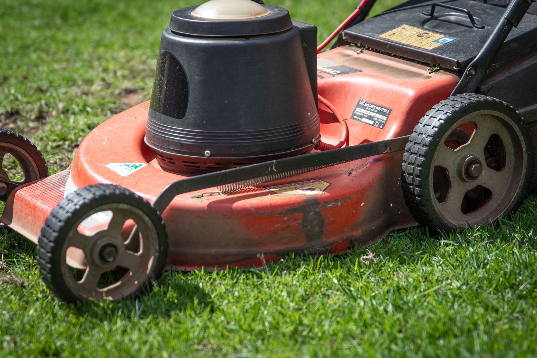 A close-up view of a red lawn mower on a green lawn, showcasing its details.