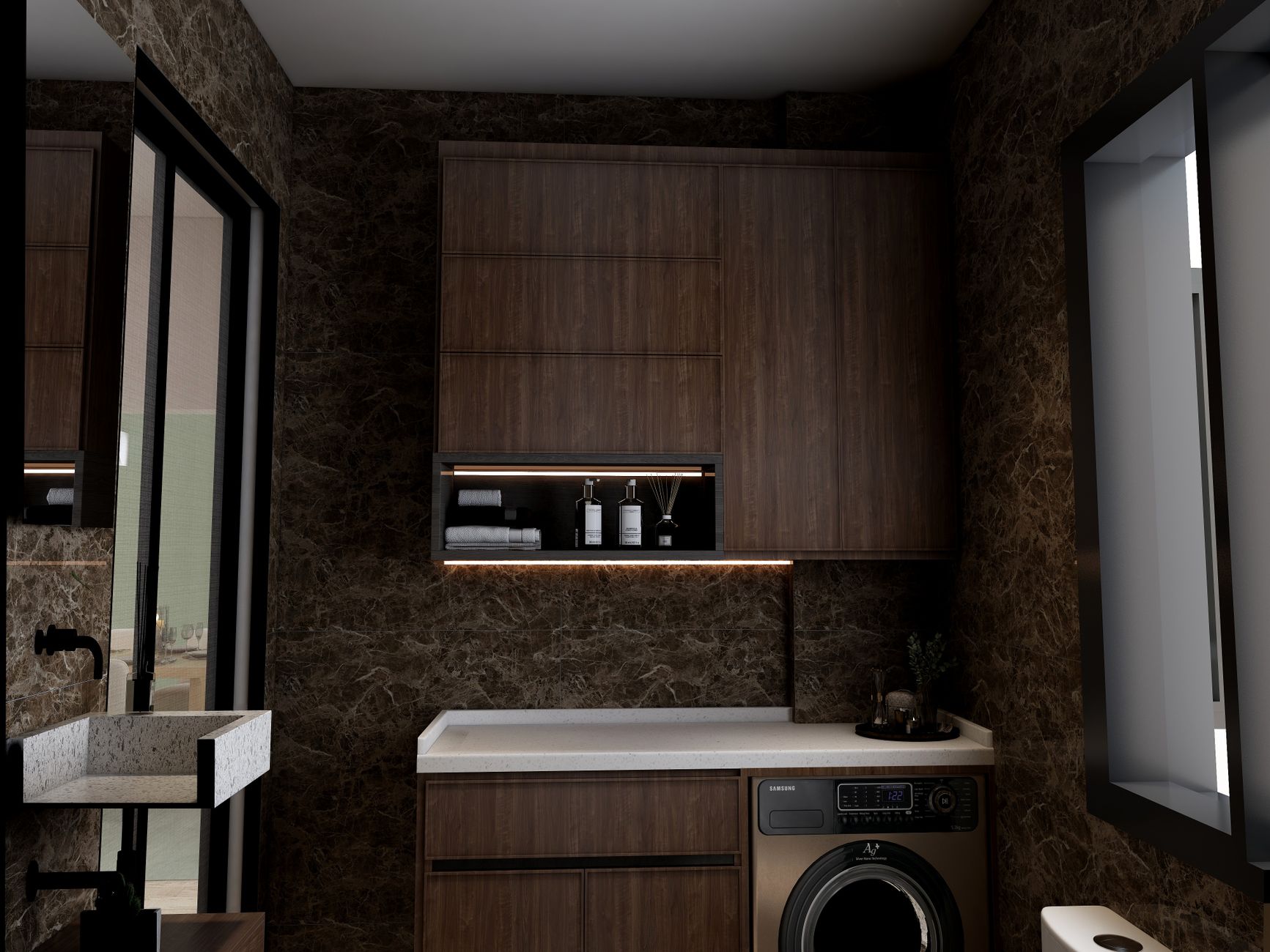 Stylish laundry room featuring wood cabinetry and elegant lighting.