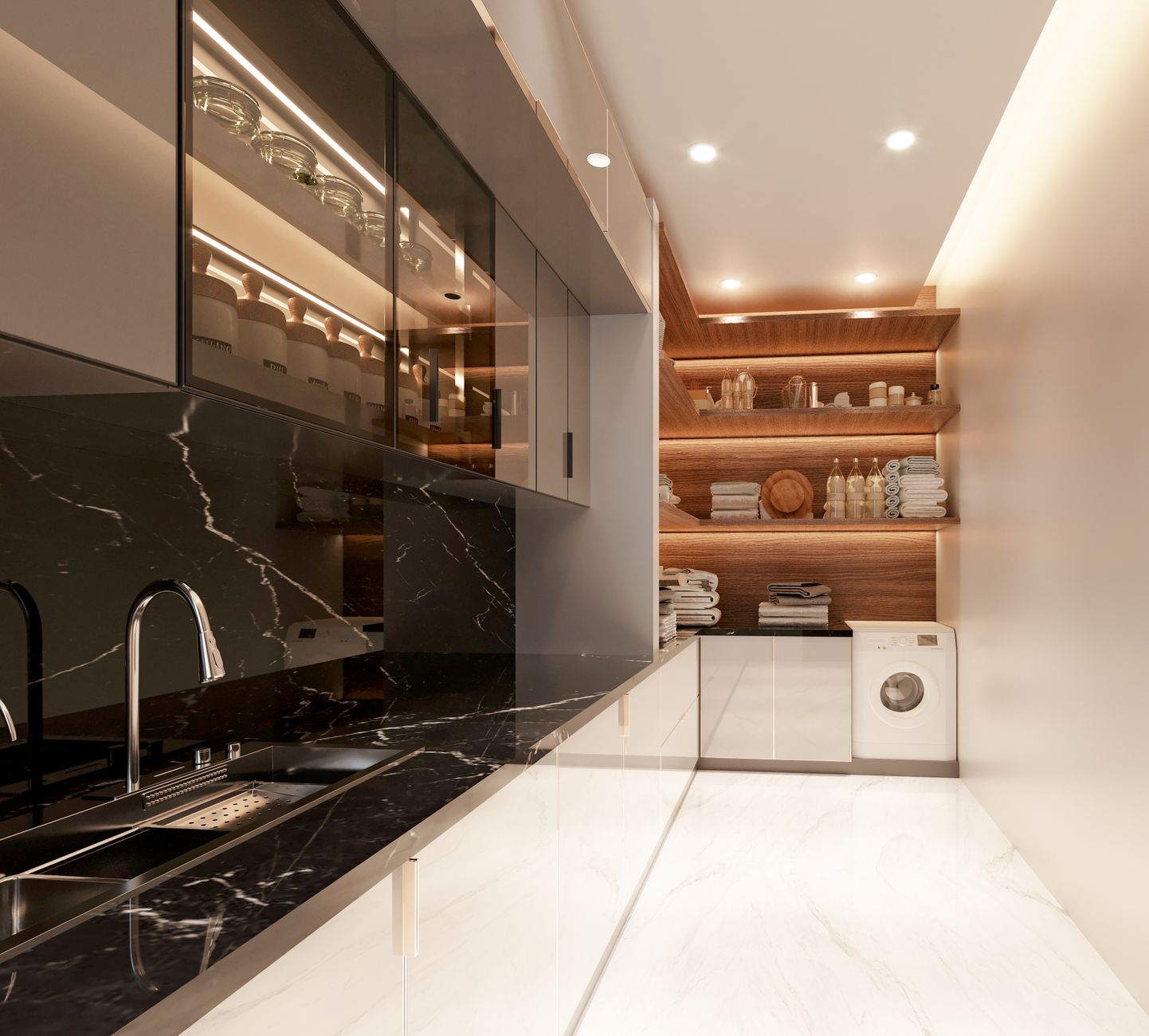 Stylish laundry room featuring black marble countertops, wooden shelves, and modern appliances.