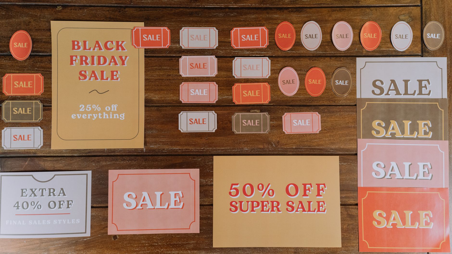 Variety of sale signs for Black Friday discounts and promotions.