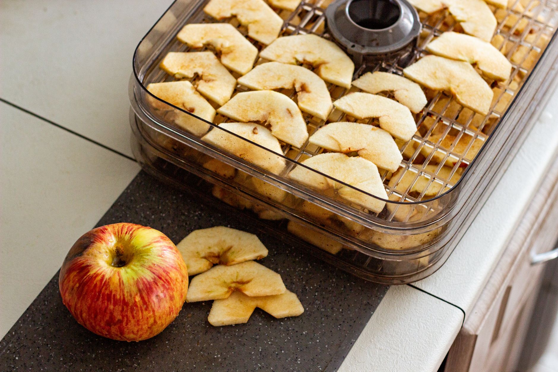 Sliced apples being dehydrated in a food dehydrator for healthy snacks.